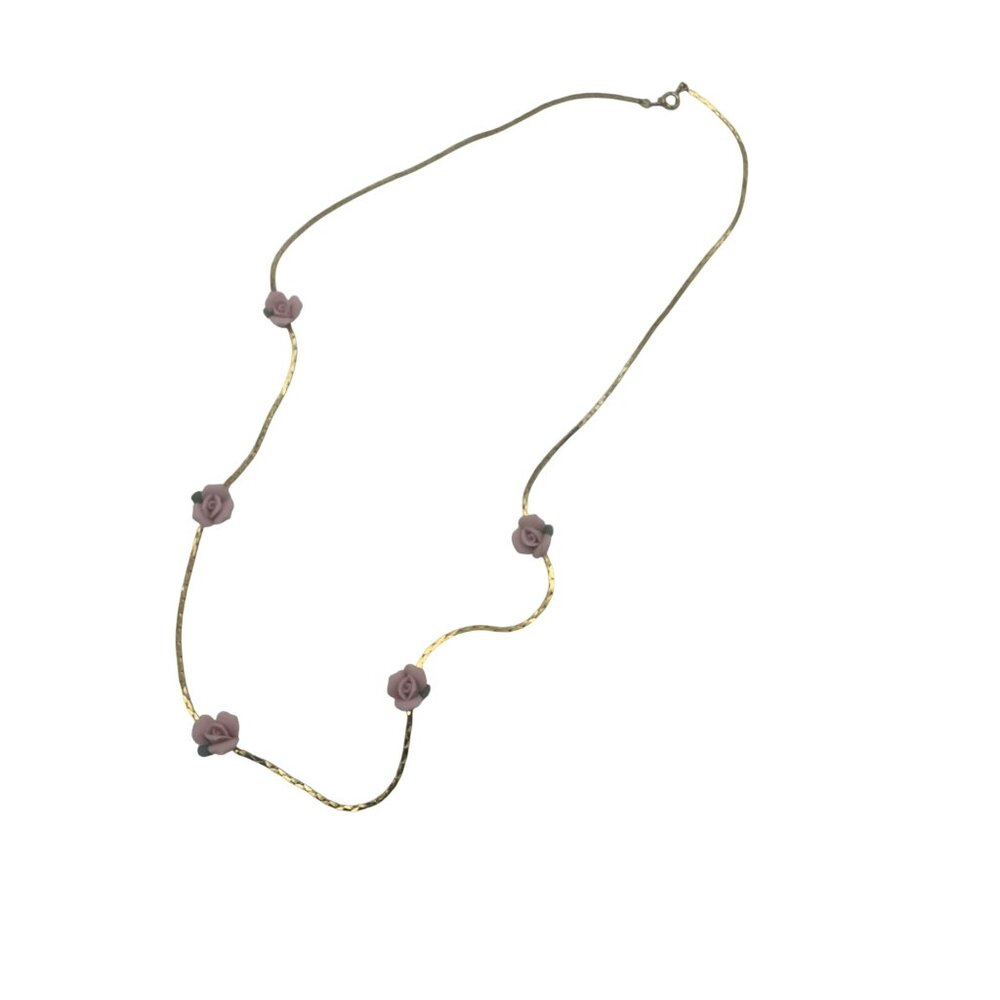 Vintage Gold-Tone Necklace With Pink Rose Accents & Delicate Chain Pre-Owned